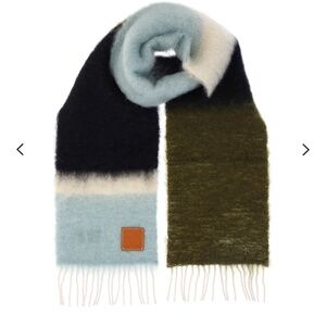 NWT Loewe - Logo-Appliquéd Colour-Block Fringed Mohair-Blend Scarf - Blue